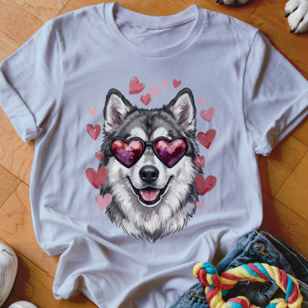 White t-shirt featuring a graphic of a husky wearing heart-shaped sunglasses surrounded by pink hearts.