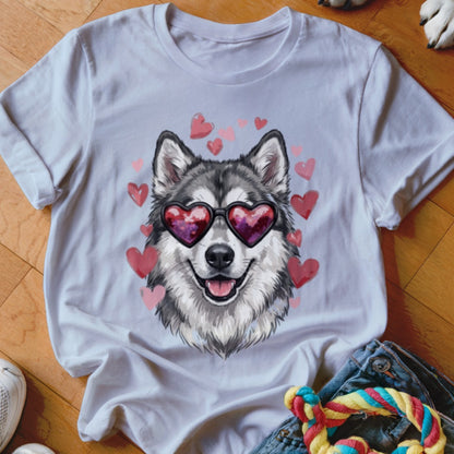 White t-shirt featuring a graphic of a husky wearing heart-shaped sunglasses surrounded by pink hearts.