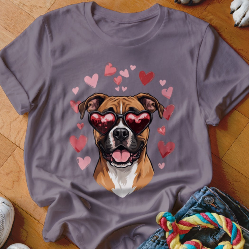Mauve t-shirt featuring a graphic of a boxer dog wearing heart-shaped sunglasses surrounded by pink and red hearts.