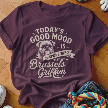 Maroon t-shirt with "Today's Good Mood is Sponsored by My Brussels Griffon" text and dog illustration.