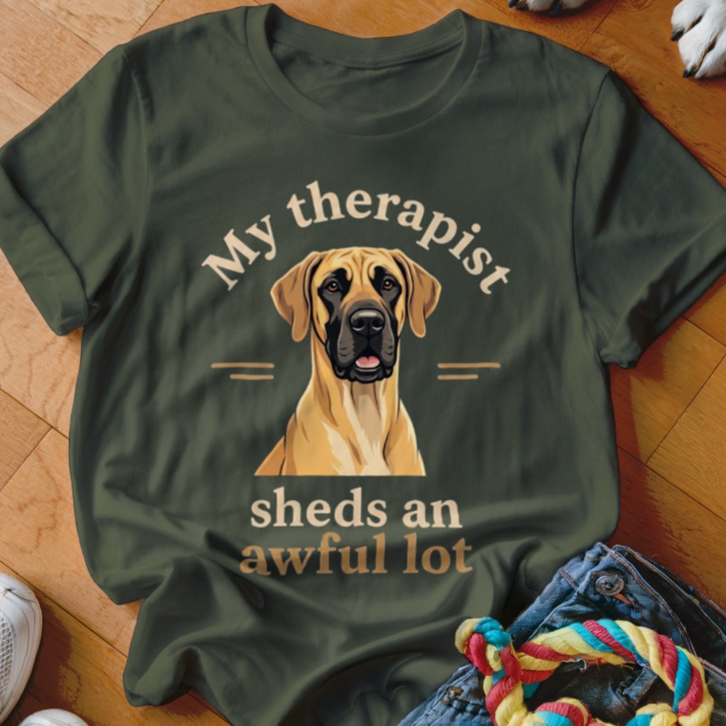 Great Dane dog portrait with text "My therapist sheds an awful lot" on a green t-shirt.