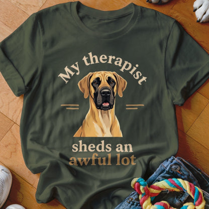 Great Dane dog portrait with text "My therapist sheds an awful lot" on a green t-shirt.