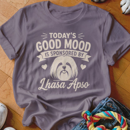 Purple t-shirt with text "Today's Good Mood Is Sponsored By Lhasa Apso" and dog graphic.