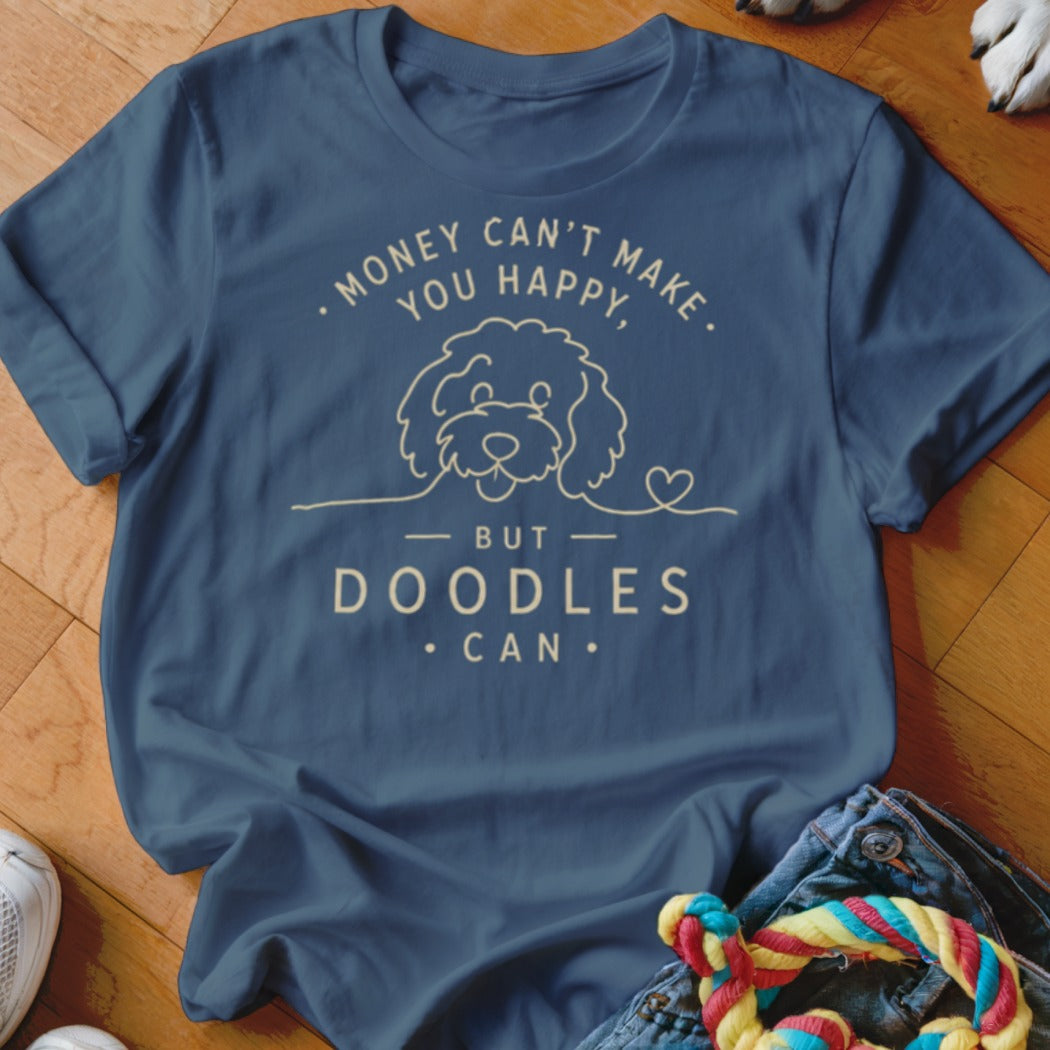 T-shirt with "Money can't make you happy, but Doodles can" and dog graphic.
