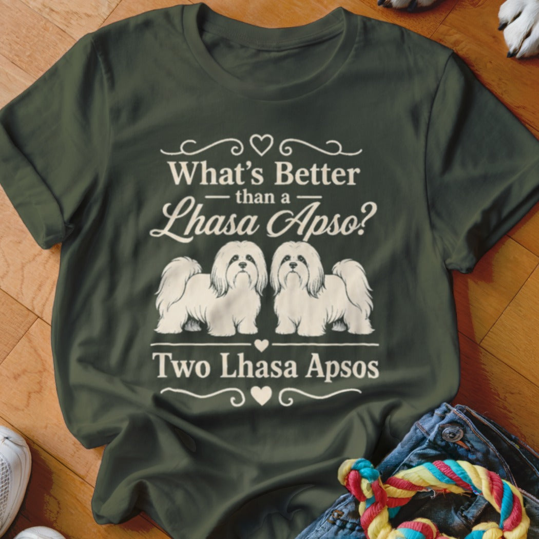 Dark green t-shirt with white text and two Lhasa Apso dogs.