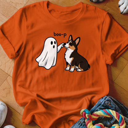 A ghost booping a corgi with the text "boo-p" on an orange shirt.