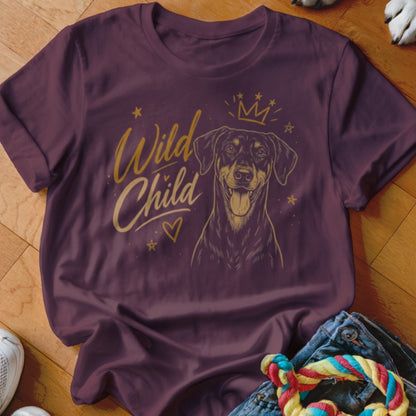 Burgundy t-shirt with dog graphic and "Wild Child" text.