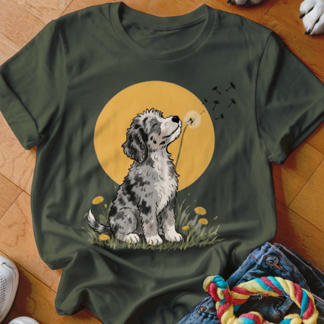 Dark green crewneck t-shirt featuring a cartoon puppy blowing dandelion seeds against a yellow circle.