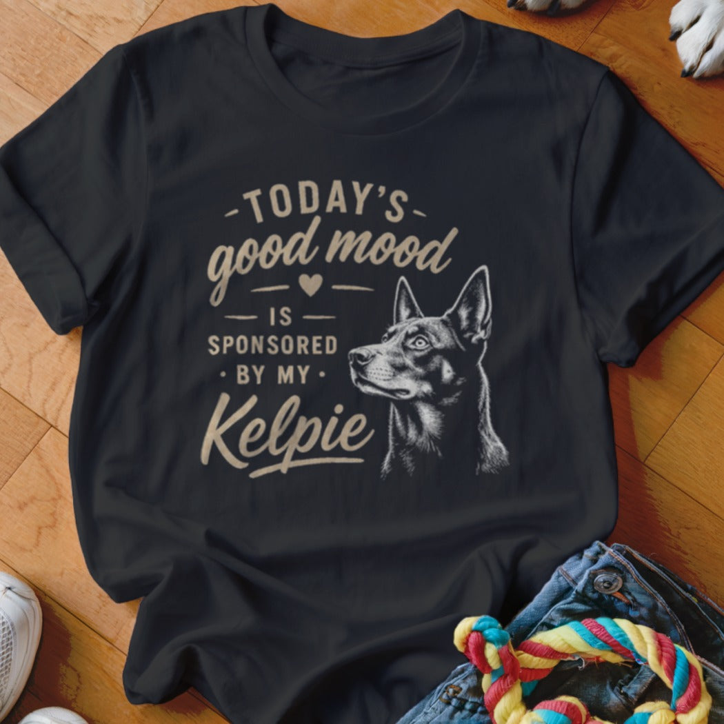 Black t-shirt with text "Today's good mood is sponsored by my Kelpie" and a dog illustration.