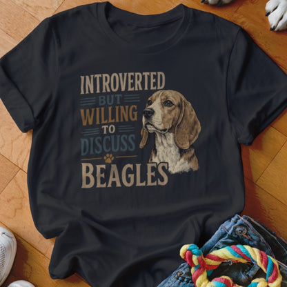 Dark t-shirt with text "INTROVERTED BUT WILLING TO DISCUSS BEAGLES" and a beagle.