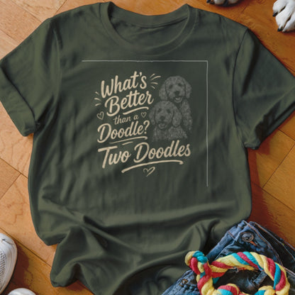 Green t-shirt with "What's Better than a Doodle? Two Doodles" text and two doodle dogs.