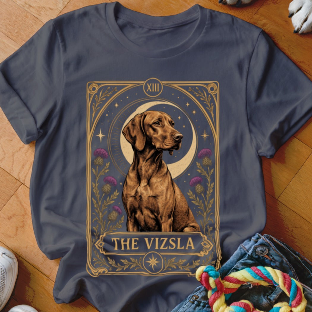 Dark gray crewneck t-shirt featuring a tarot card graphic of a Vizsla dog with a crescent moon and thistles.