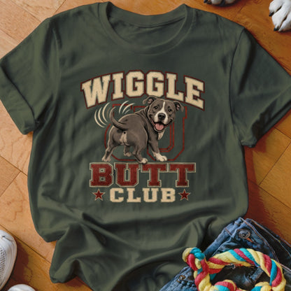 Green t-shirt with a pit bull graphic and text "Wiggle Butt Club".