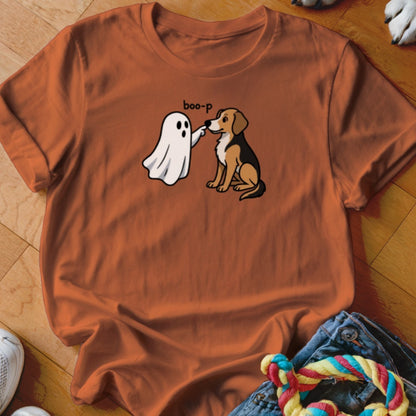 Orange t-shirt with cartoon ghost booping a dog and text "boo-p".