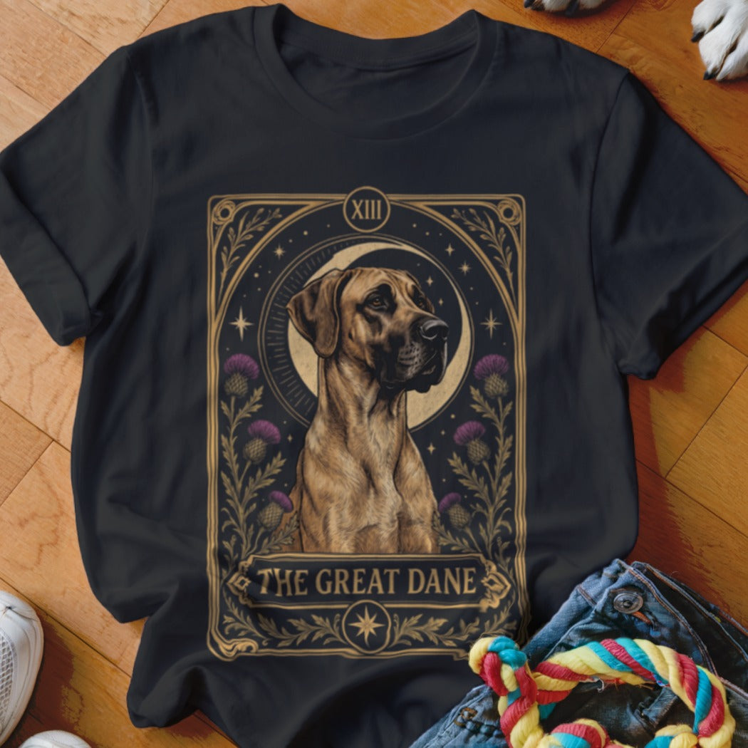 Black t-shirt featuring a tarot-style illustration of a Great Dane surrounded by thistles and stars.