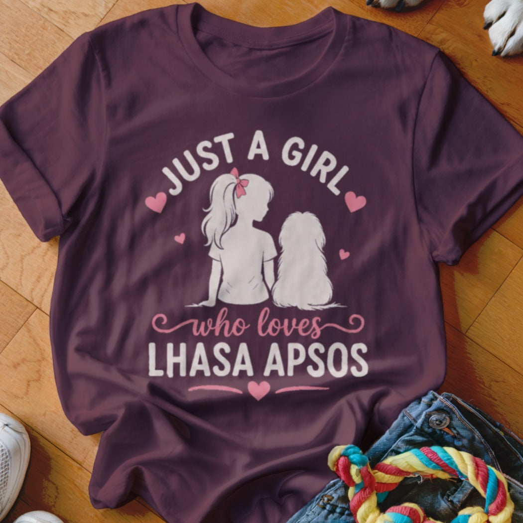 T-shirt with "Just a girl who loves Lhasa Apsos" text and silhouette of a girl with a dog.