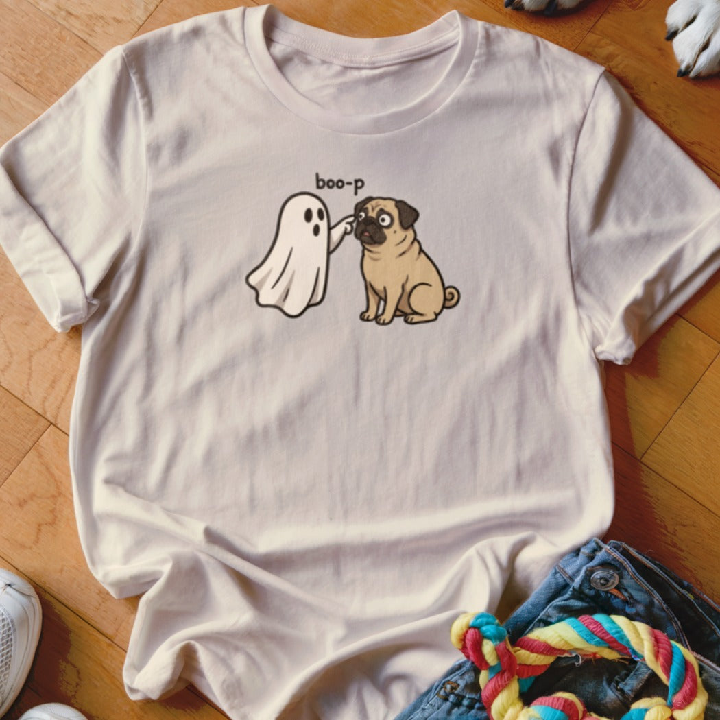 White t-shirt graphic of a ghost booping a pug with the text "boo-p".