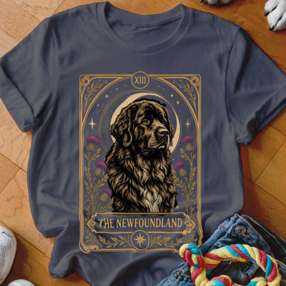 Dark gray t-shirt featuring a tarot-style Newfoundland dog graphic with text reading The Newfoundland.