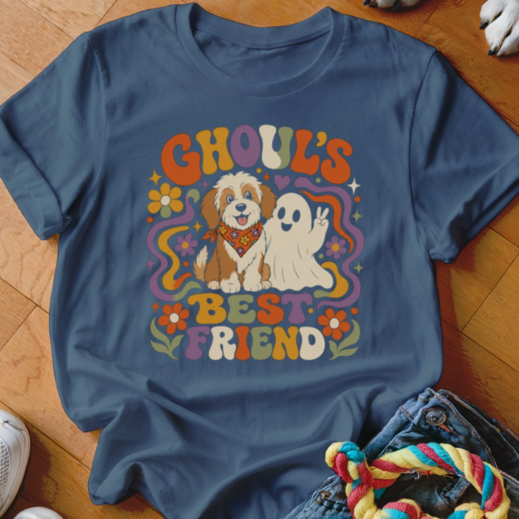 Blue t-shirt with "Ghoul's Best Friend" text, a dog, and a ghost.