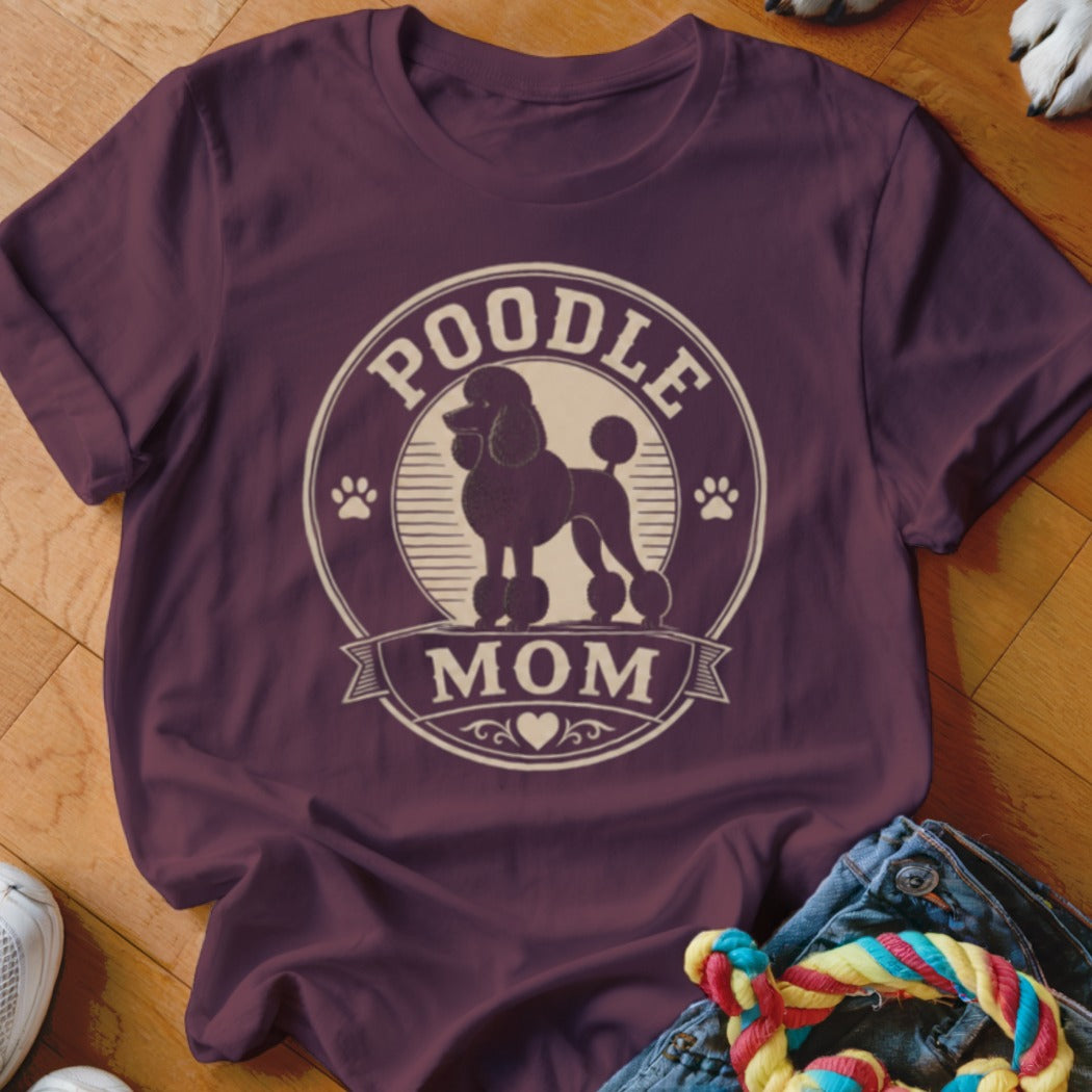 Maroon t-shirt with "Poodle Mom" graphic and poodle silhouette.