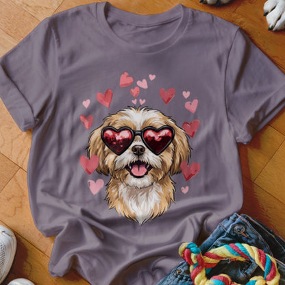 Mauve t-shirt featuring a graphic of a shaggy dog wearing heart-shaped sunglasses surrounded by pink hearts.