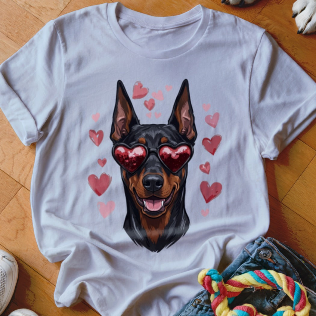 A white t-shirt featuring a Doberman pinscher wearing heart-shaped sunglasses surrounded by floating pink hearts.