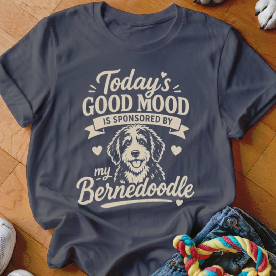 Dark blue t-shirt with text "Today's Good Mood Is Sponsored By My Bernedoodle" and dog graphic.