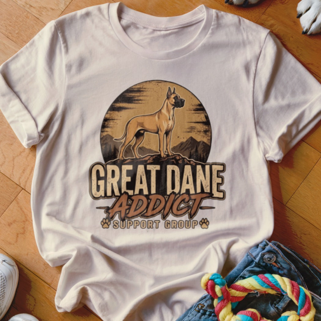 Off-white t-shirt with a vintage graphic of a Great Dane, mountains, and text reading Great Dane Addict Support Group.