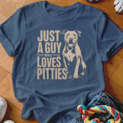 Navy t-shirt with "Just a Guy Who Loves Pitties" and dog graphic.