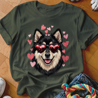 Dark green t-shirt featuring a graphic of a smiling dog wearing heart sunglasses surrounded by pink hearts.