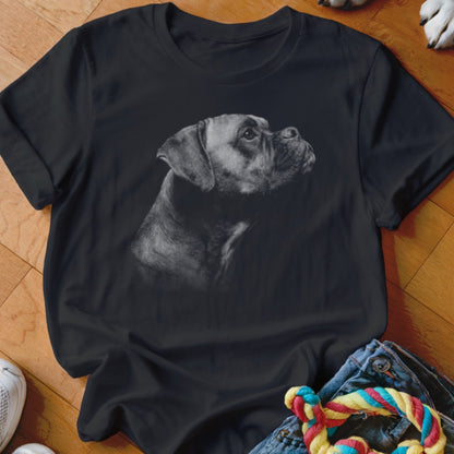 Black t-shirt featuring a grayscale portrait of a boxer dog looking upwards.