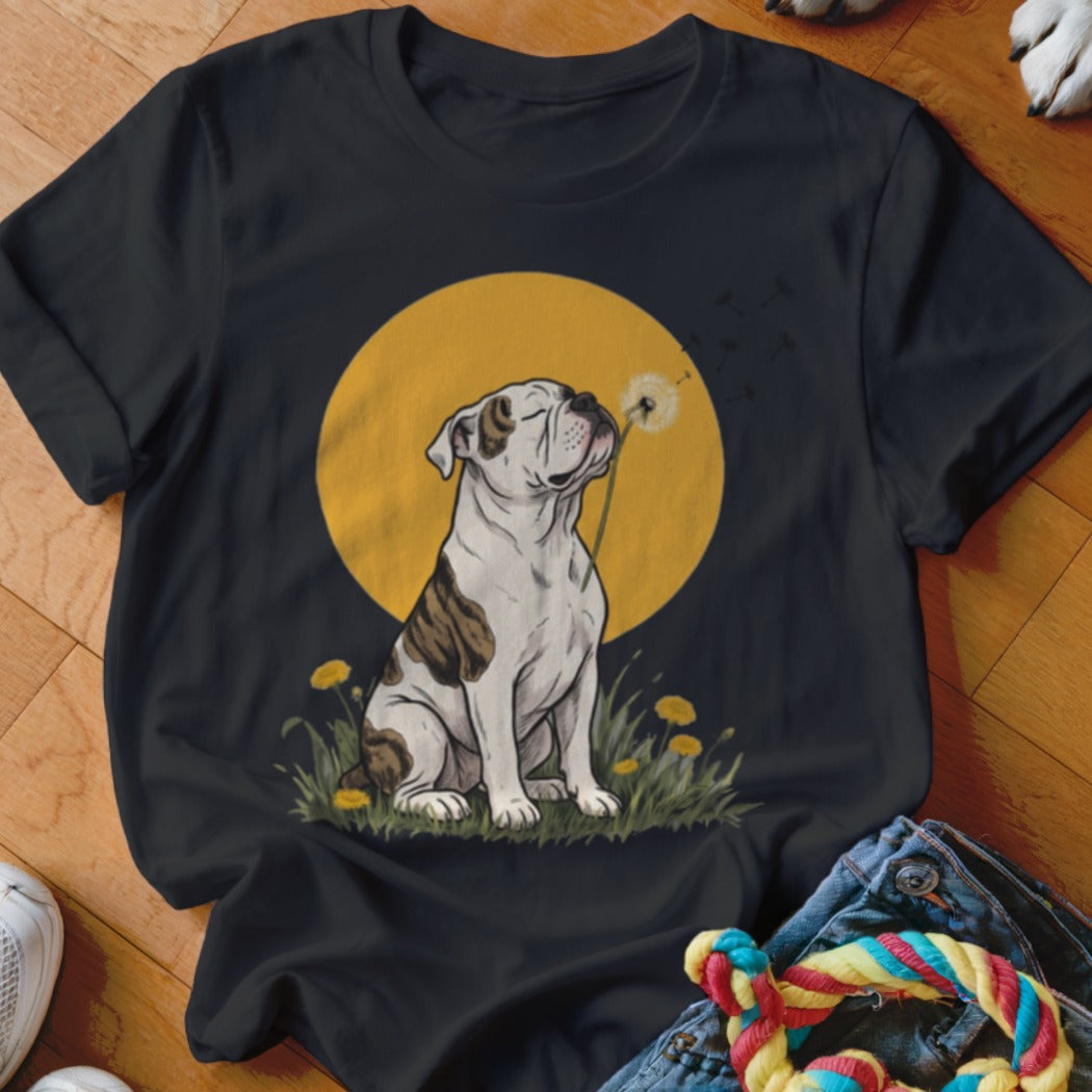 A black t-shirt features a graphic of a bulldog blowing a dandelion against a yellow circle.