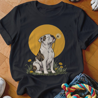 A black t-shirt features a graphic of a bulldog blowing a dandelion against a yellow circle.