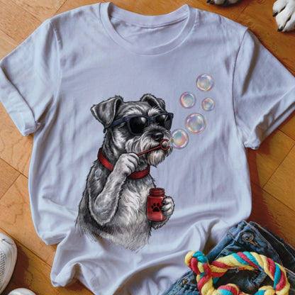 White t-shirt featuring a graphic of a schnauzer wearing sunglasses and blowing bubbles.