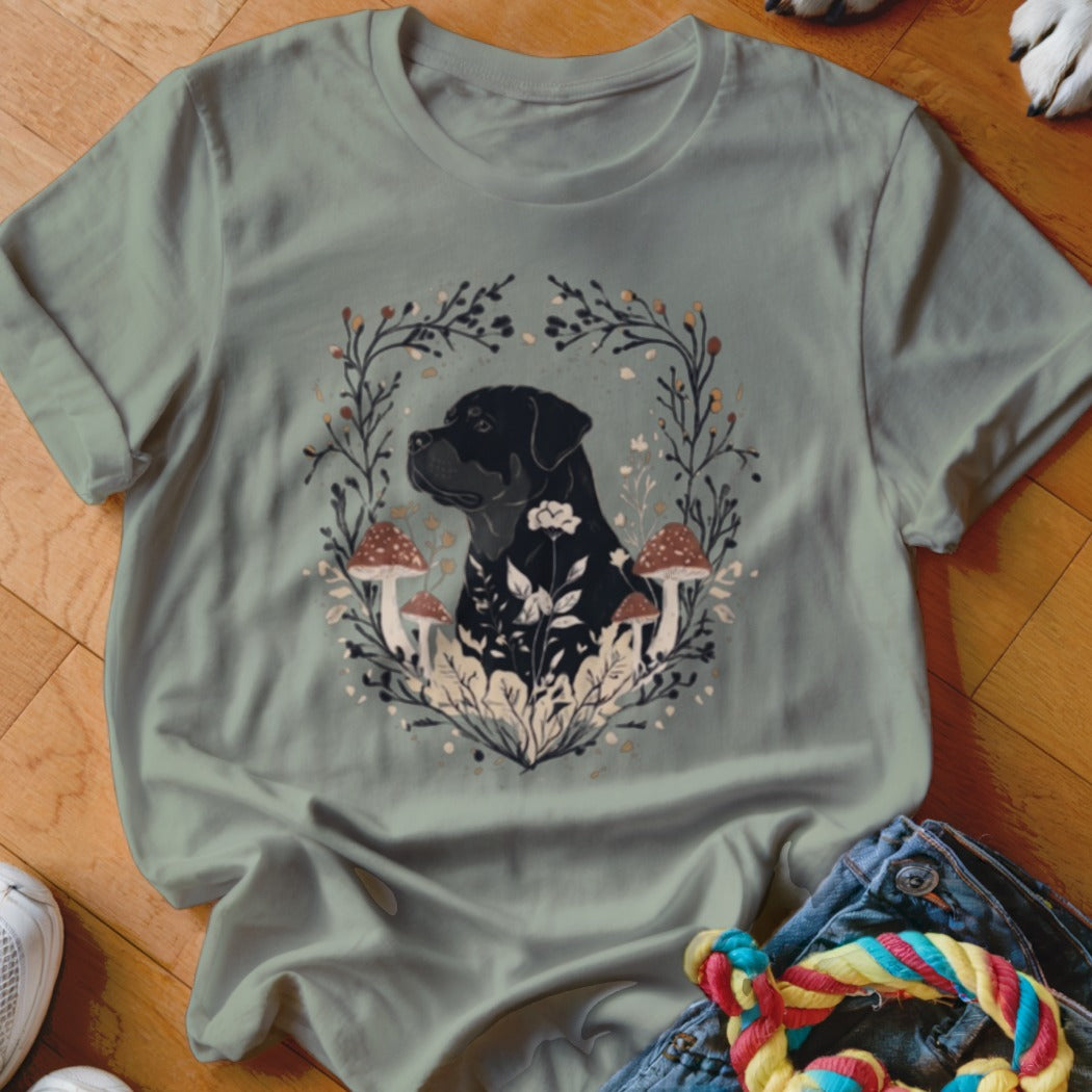 Sage green t-shirt featuring a black dog illustration surrounded by botanical wreaths and mushrooms.