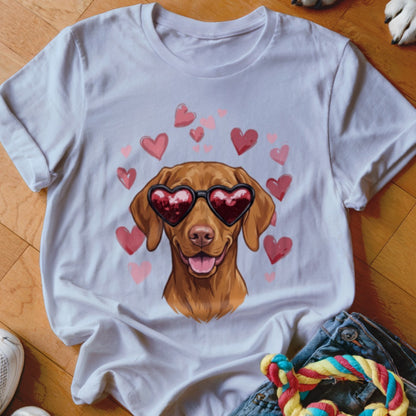 A white t-shirt featuring a graphic of a brown dog wearing heart-shaped sunglasses surrounded by floating pink hearts.