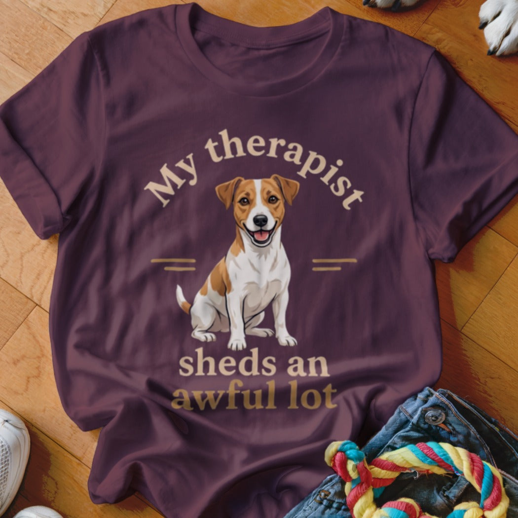 T-shirt with a Jack Russell terrier and text "My therapist sheds an awful lot".