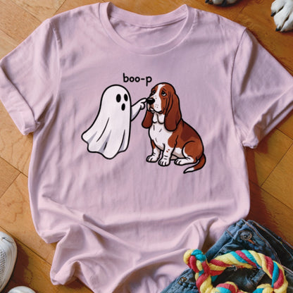 Pink t-shirt with cartoon ghost booing a Basset Hound, text reads "boo-p".