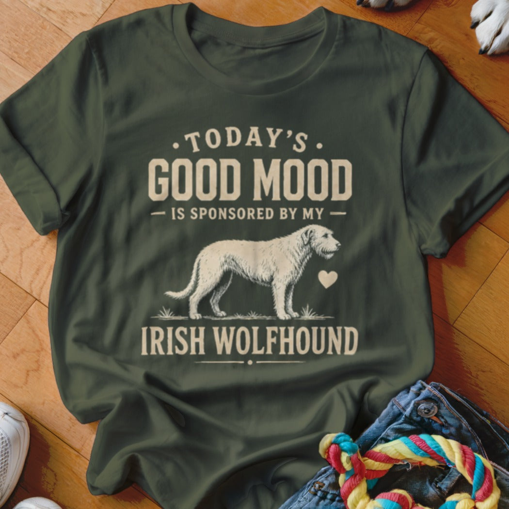 Green t-shirt with "Today's Good Mood is Sponsored by My Irish Wolfhound" text and dog graphic.