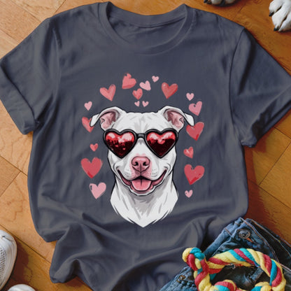Charcoal gray t-shirt featuring a graphic of a white pitbull wearing heart-shaped sunglasses surrounded by pink hearts.