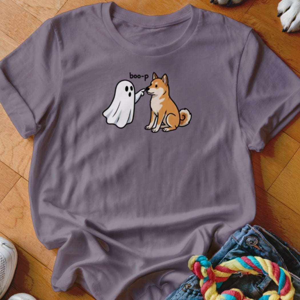 Ghost booping a dog with the text "boo-p" on a purple t-shirt.