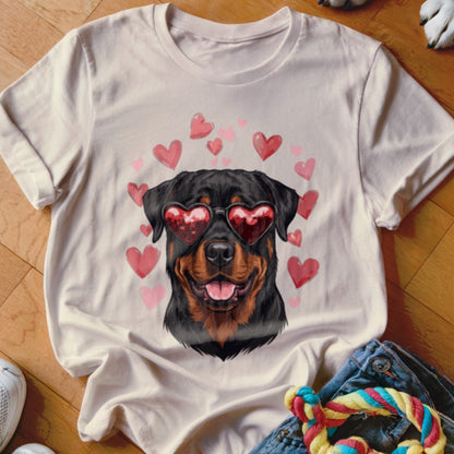 Beige t-shirt featuring a graphic of a Rottweiler wearing heart-shaped sunglasses surrounded by pink hearts.
