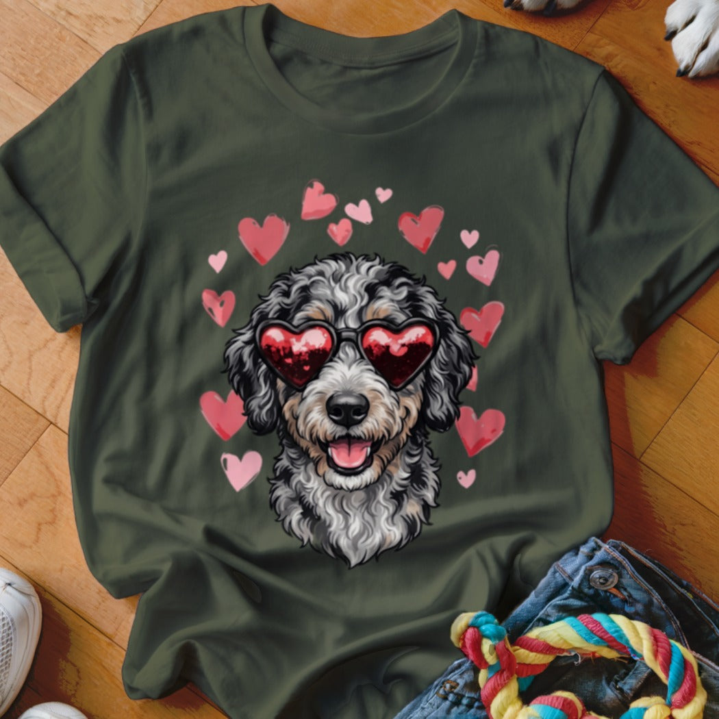 Dark green t-shirt featuring a doodle dog wearing heart-shaped sunglasses surrounded by pink hearts.