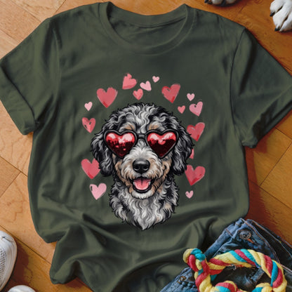 Dark green t-shirt featuring a doodle dog wearing heart-shaped sunglasses surrounded by pink hearts.