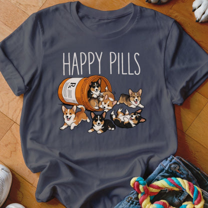 Dark grey t-shirt with "Happy Pills" text and several playful corgi puppies spilling from a prescription bottle.