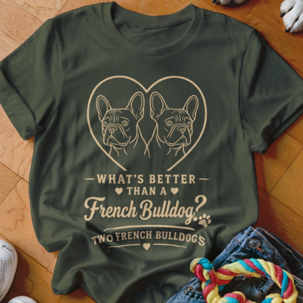 Dark green t-shirt with heart graphic of two French Bulldogs and text "Two French Bulldogs".