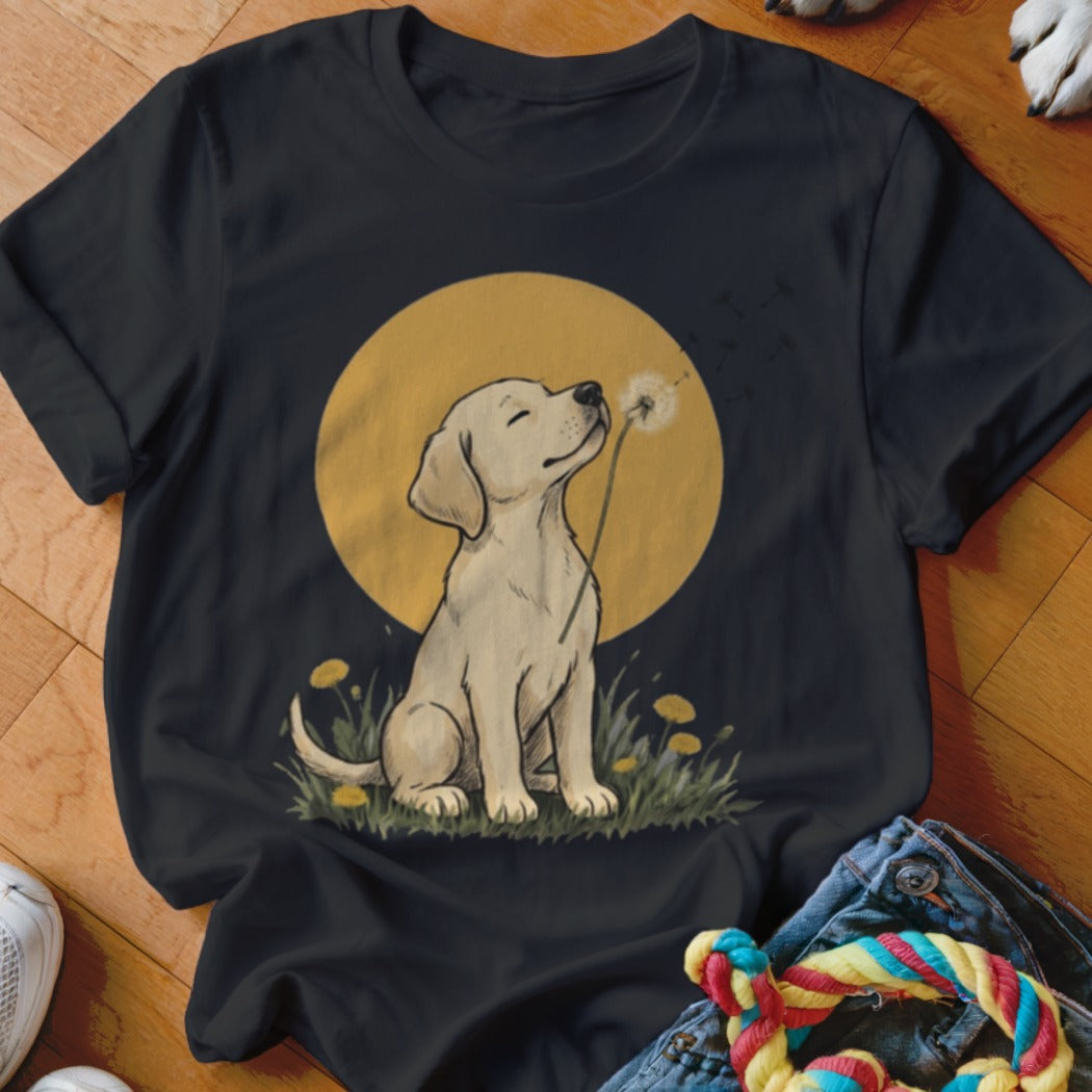 Black t-shirt featuring a cartoon illustration of a puppy sitting in grass and blowing dandelion seeds.