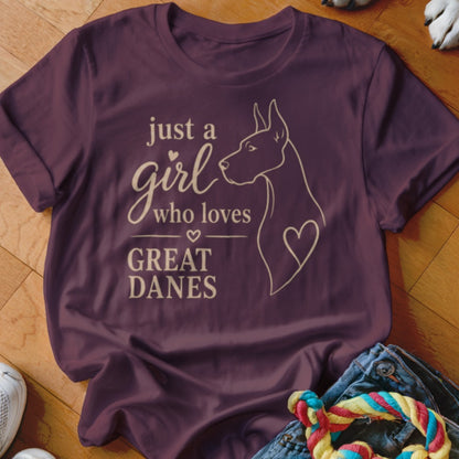 Burgundy t-shirt with "just a girl who loves GREAT DANES" text and Great Dane outline.