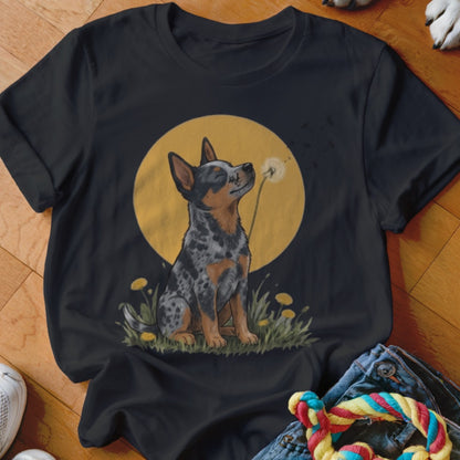 A black t-shirt printed with a blue heeler dog sitting in grass before a yellow moon, blowing dandelion seeds.