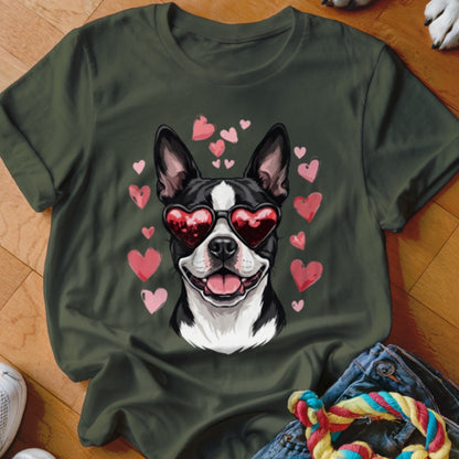 Dark green crewneck t-shirt featuring a graphic of a Boston Terrier wearing heart-shaped sunglasses surrounded by pink hearts.